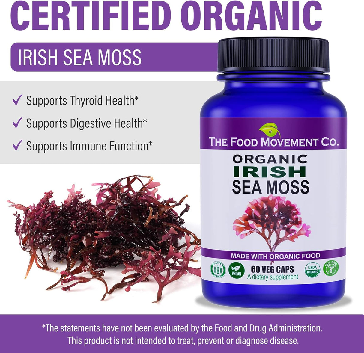 Irish Sea Moss Orgánico, Prebiótico, 70+ Minerales, 60 cápsulas