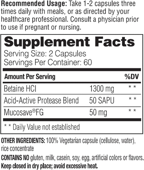 Suplemento Enzymedica, Betaine HCl soporte estomacal 120 cap