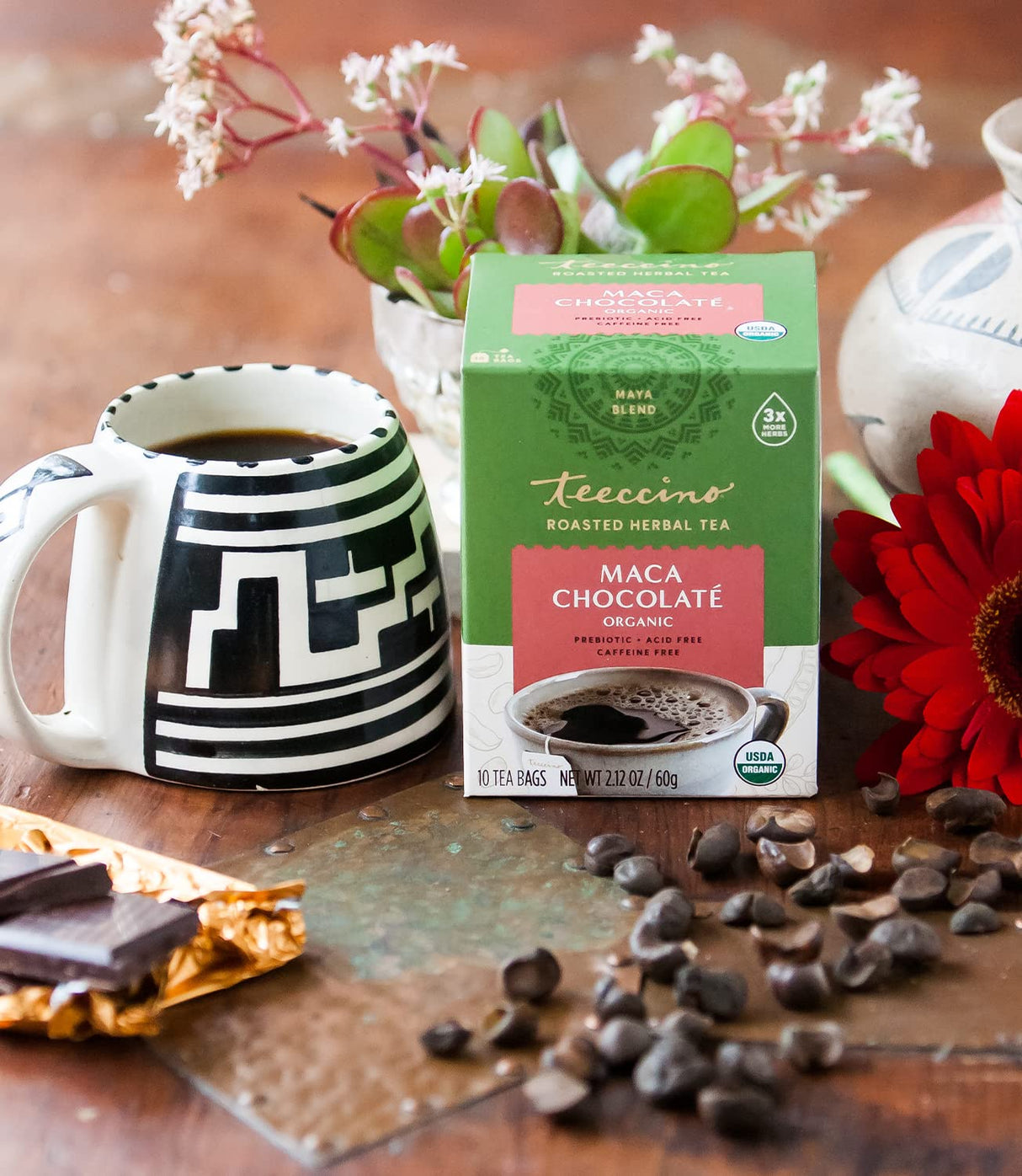Teeccino Té de Maca Chocolaté Herbal Sin Cafeína 10 Bolsas