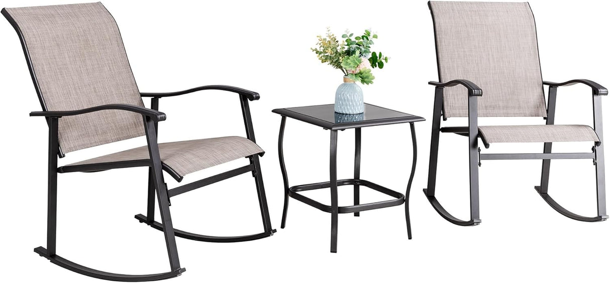 Vongrasig Juego de 3 piezas de muebles de patio pequeños de tela textileno, juego de muebles de patio pequeños, juego de conversación con mesa de vidrio para césped, jardín, balcón, junto a la piscina (pardo)