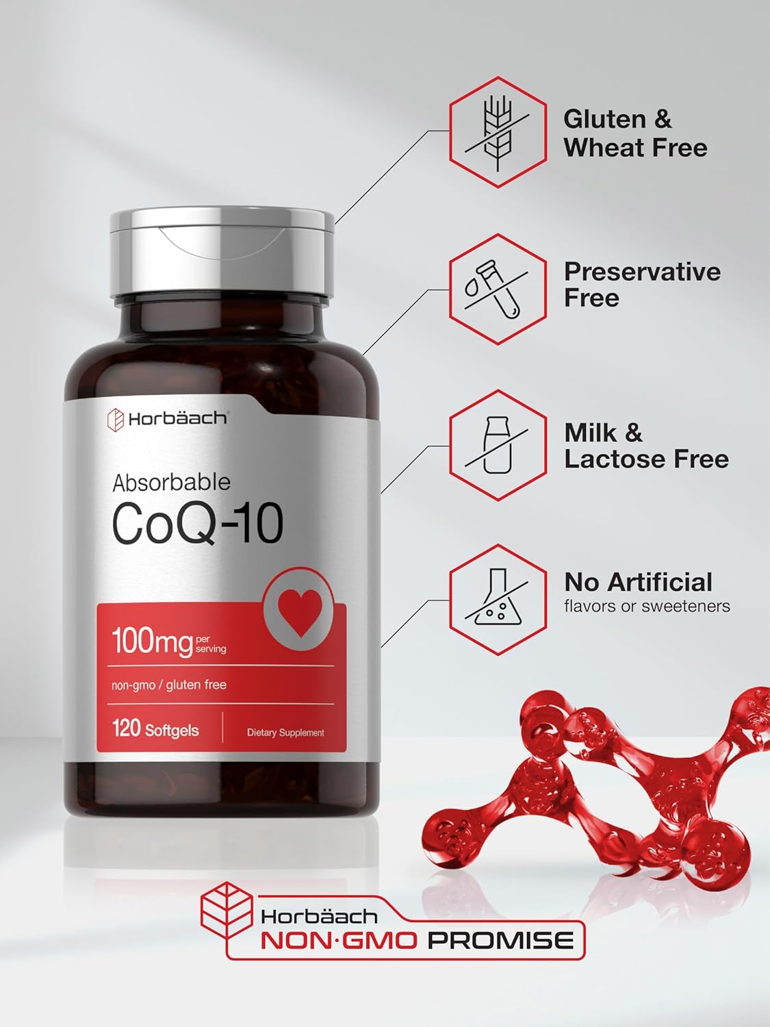 Suplemento CoQ10 100mg Horbäach, 120 cápsulas, Sin GMO