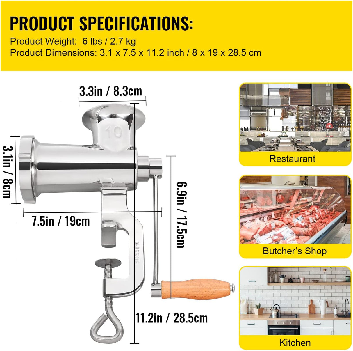 Molino de carne manual de acero inoxidable, 2 platos, 1.8" clamp