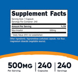 Suplemento de inositol de 500 mg 240 cáps sin OMG sin gluten