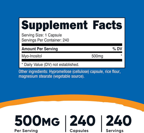 Suplemento de inositol de 500 mg 240 cáps sin OMG sin gluten