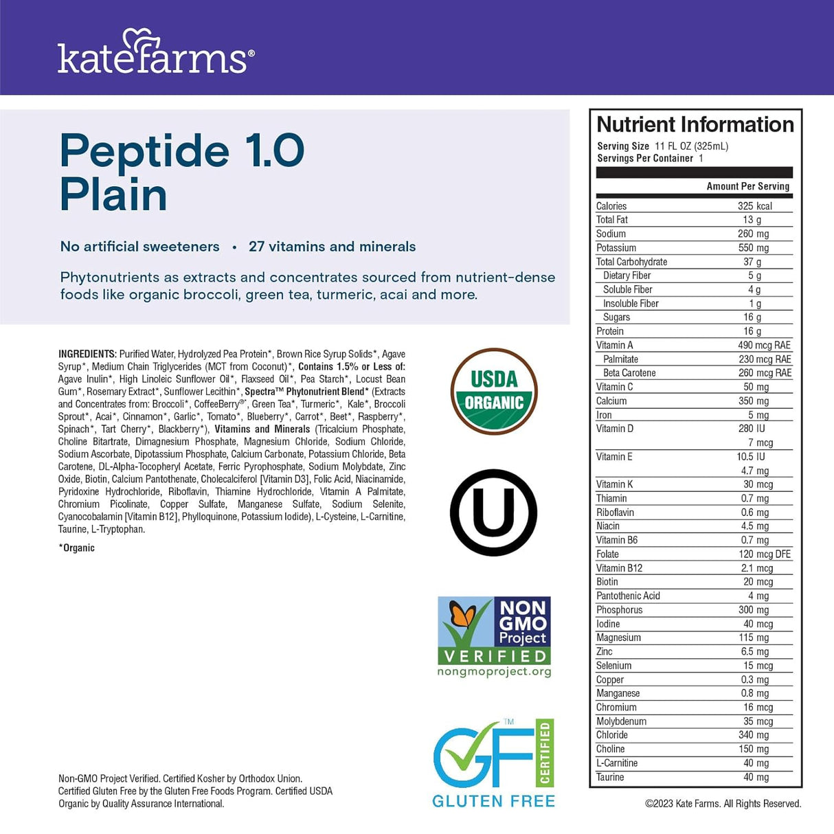 Fórmula Peptídica Orgánica para Adultos Kate Farms 11oz 12u