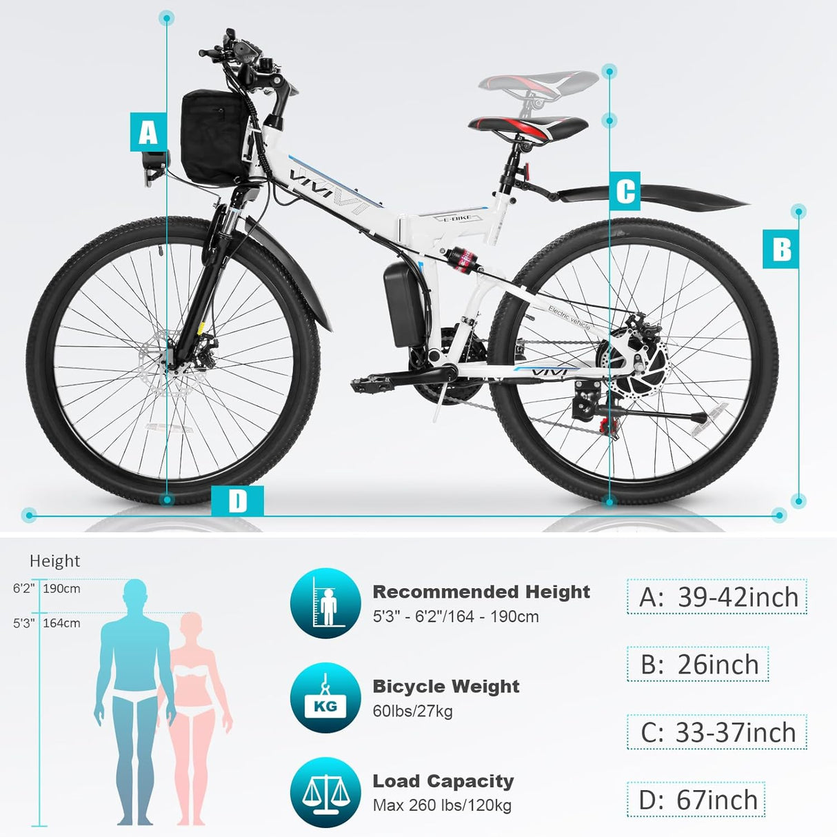 Bicicleta Eléctrica Vivi M026TGB 850W 21 Velocidades 26