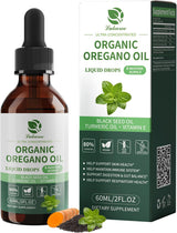 Aceite de Orégano Orgánico 80% Carvacrol con Semilla Negra, Cúrcuma y Vitamina E - Apoyo Inmunológico, Respiratorio y Digestivo - Vegano, Sin Azúcar, No GMO, 8 meses, 2 oz