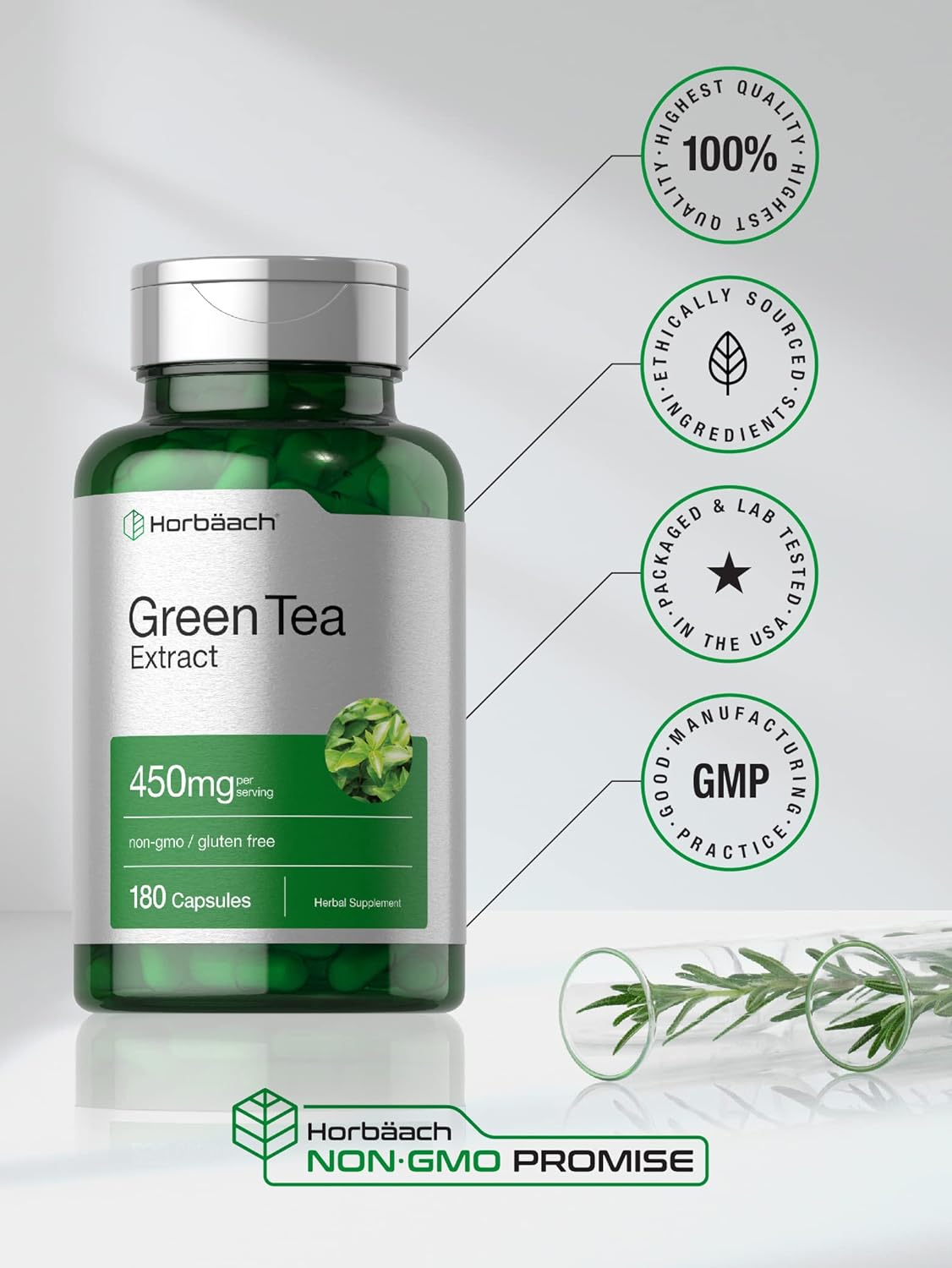 Suplemento Horbaach de extracto de té verde de 450 mg  180 u