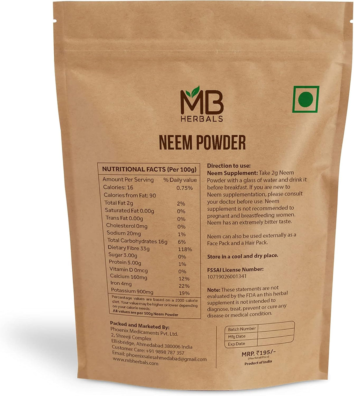 Suplemento Polvo puro de hoja de neem de 3.53 oz/3.5 onzas