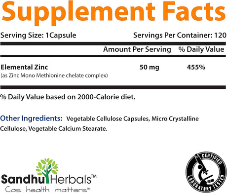 Suplementos Alimenticio de zinc de 50 mg 120 cápsulas