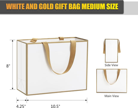 YUEYANG Bolsas de regalo elegantes de color blanco con marco dorado, 20 bolsas de tamaño mediano de 10.5 x 4.25 x 8 pulgadas para fiestas, cumpleaños, bodas, boutique y venta al por menor