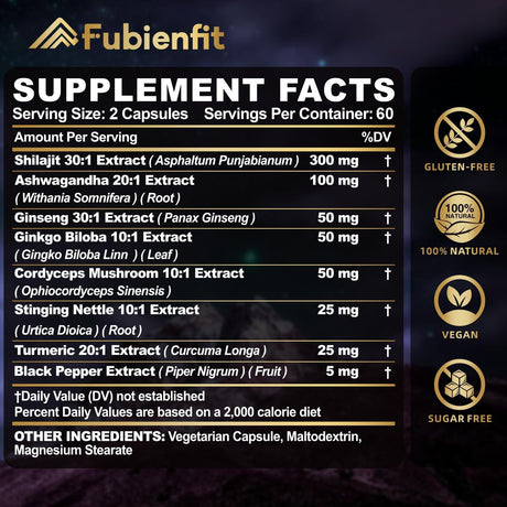 Capsulas de Shilajit Premium con Ashwagandha y Ginseng, 120