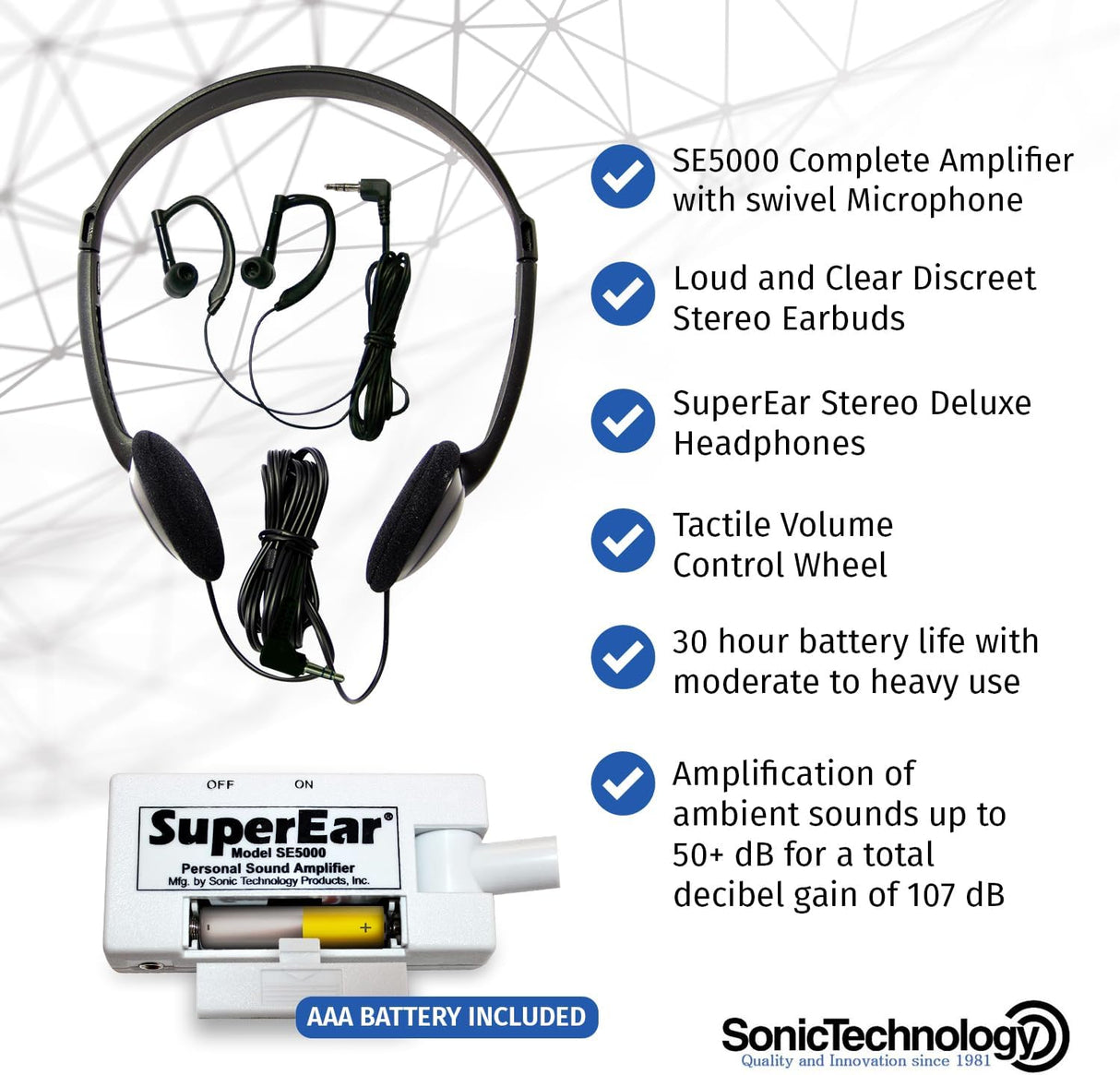 Amplificador de Sonido Personal SE5000, 50dB, Portátil