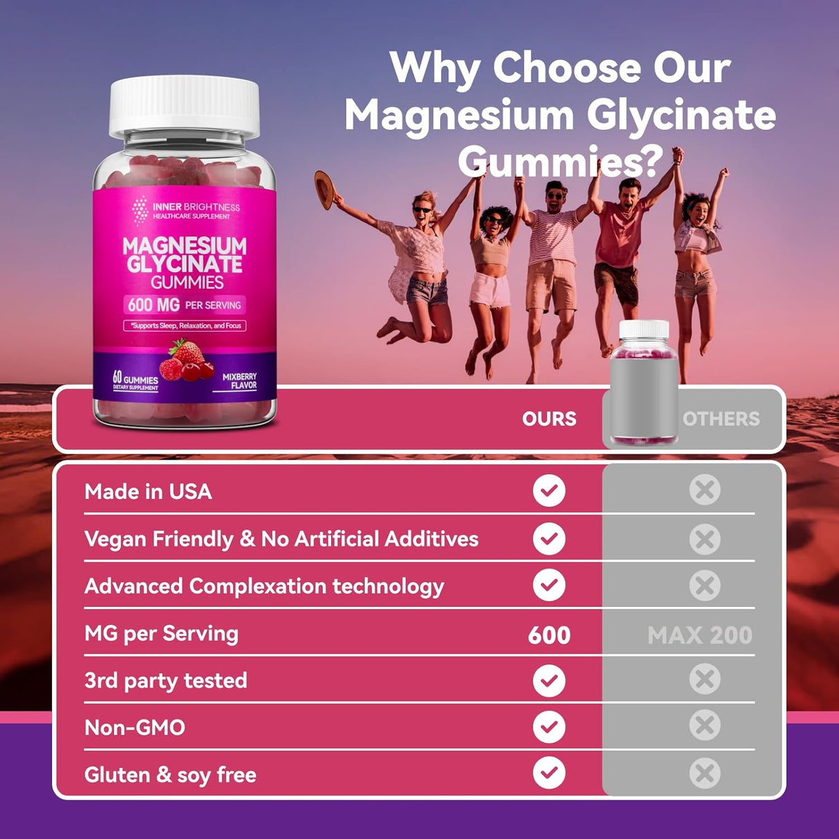 Gummies de Magnesio Glycinato 600mg Non-GMO Gluten-Free 60u