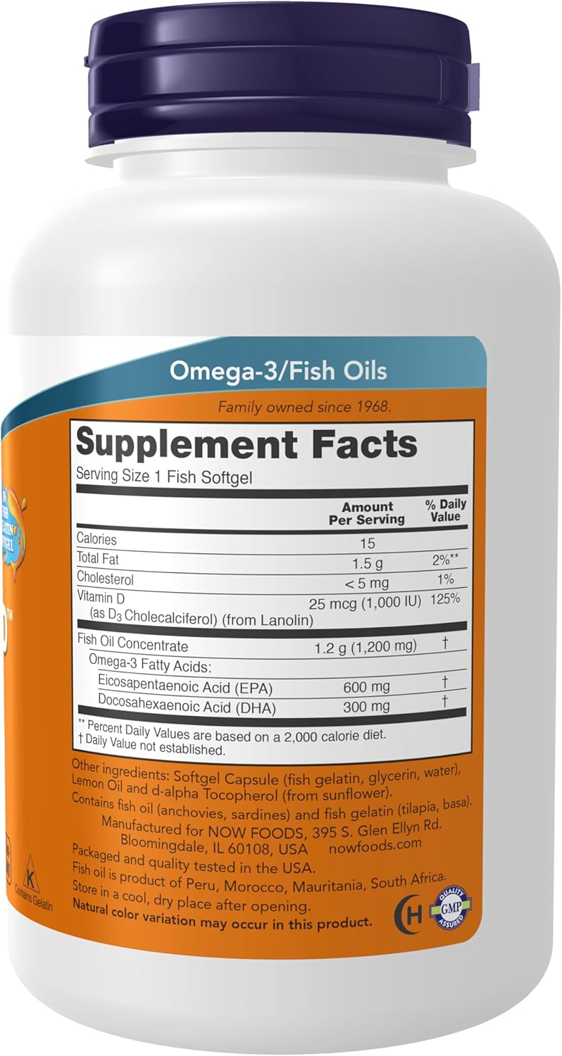 NOW Omega 3-D™ Suplemento de Omega-3 con Vitamina D-3, 90 Softgels