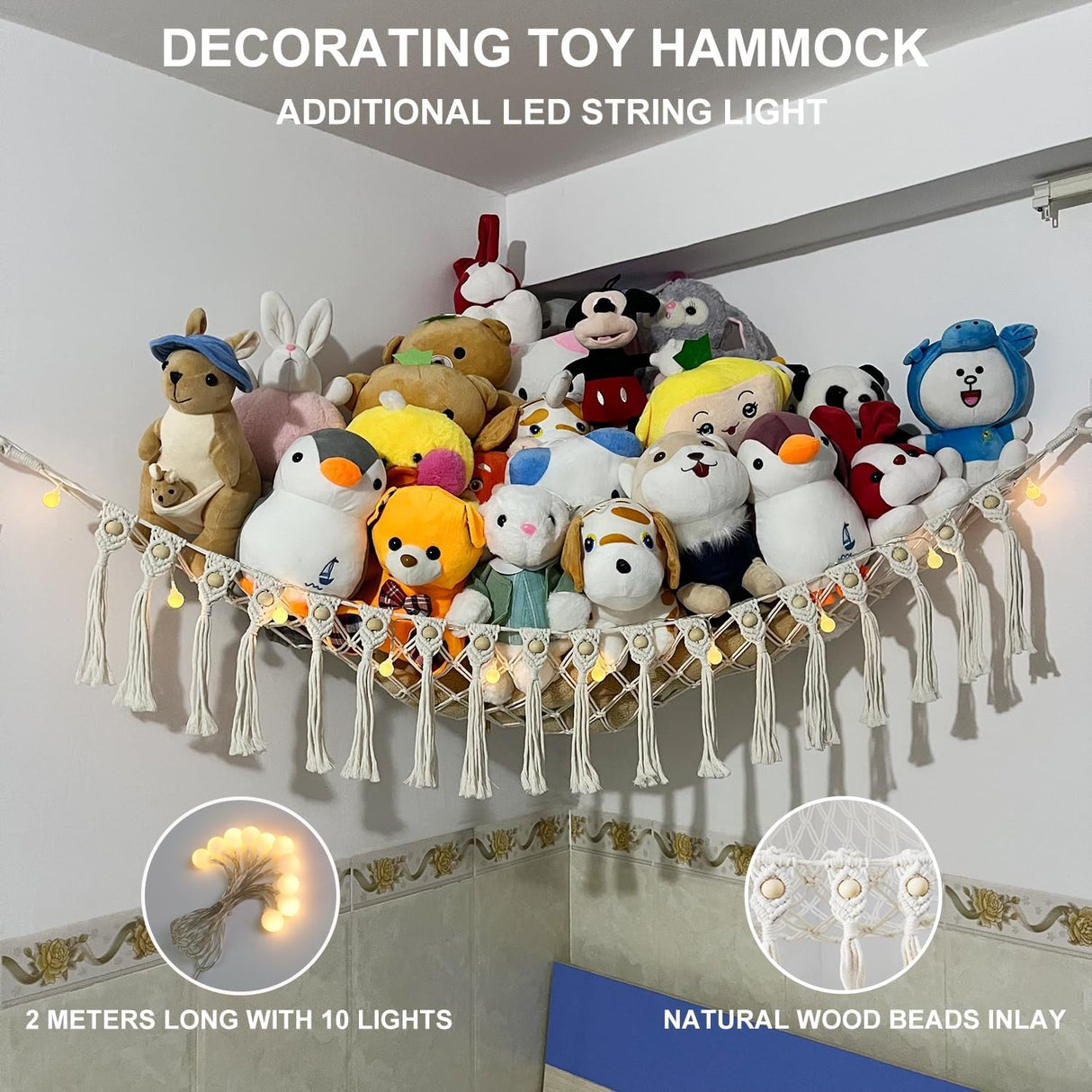 Red de Animales de Peluche, Boho, Macrame, con Luces LED