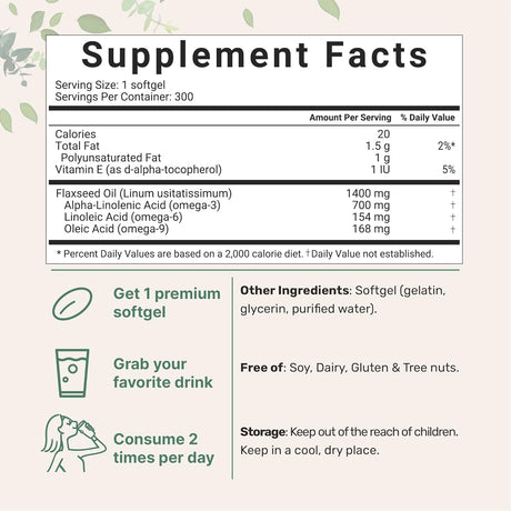 Aceite de Linaza 1400mg, Omega 3, 300 Cápsulas, No GMO