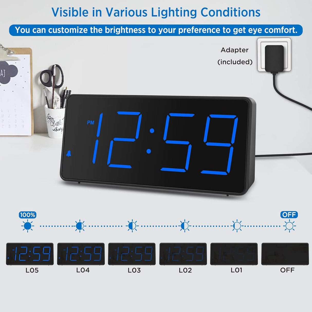 Reloj Despertador Digital con Números Grandes y Cargador USB