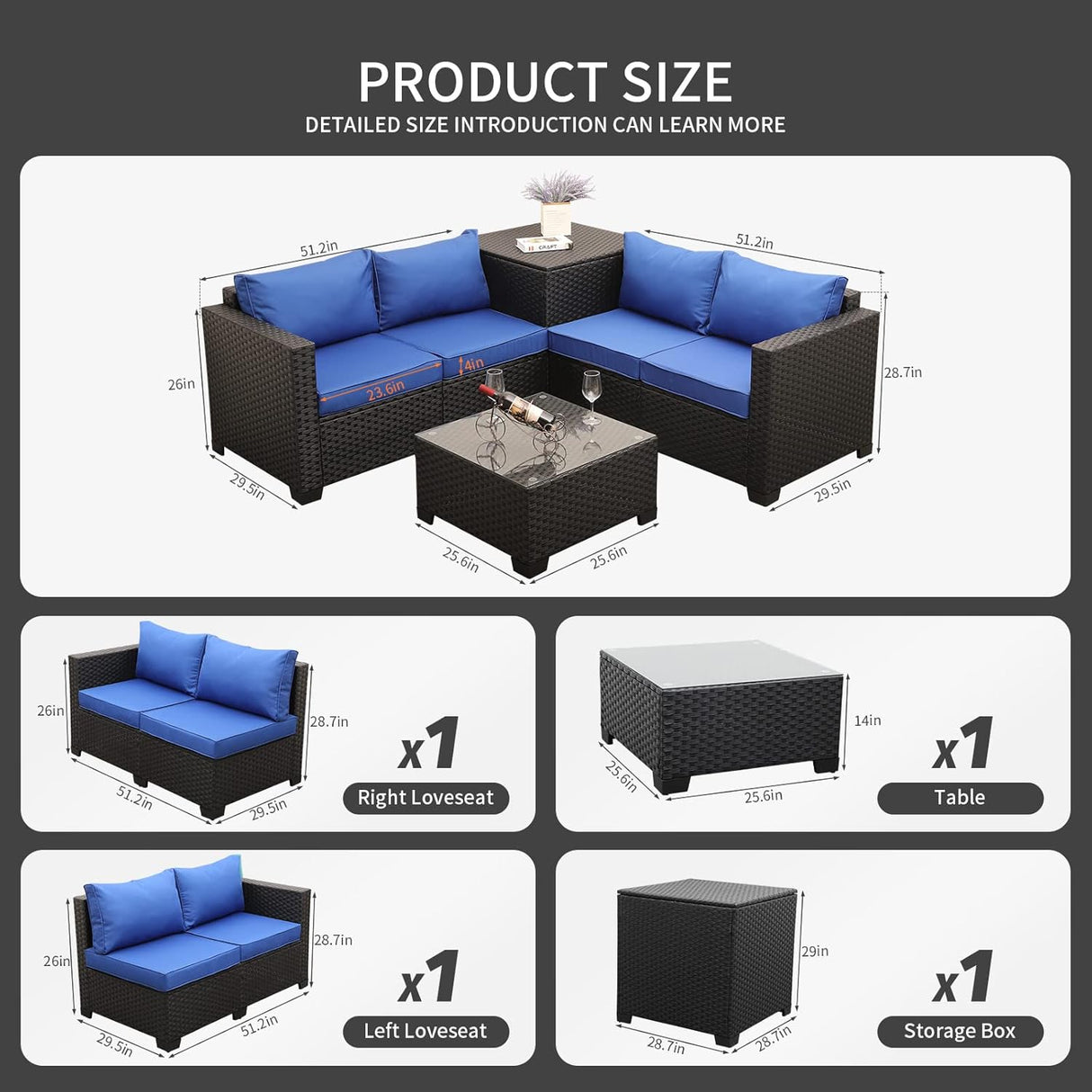 Juego de muebles de mimbre de polietileno para exteriores, 4 piezas, sofá de dos plazas seccionales de ratán negro, sofá de conversación con caja de almacenamiento, mesa superior de vidrio y cojín antideslizante azul rey