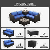 Juego de muebles de mimbre de polietileno para exteriores, 4 piezas, sofá de dos plazas seccionales de ratán negro, sofá de conversación con caja de almacenamiento, mesa superior de vidrio y cojín antideslizante azul rey