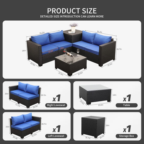 Juego de muebles de mimbre de polietileno para exteriores, 4 piezas, sofá de dos plazas seccionales de ratán negro, sofá de conversación con caja de almacenamiento, mesa superior de vidrio y cojín antideslizante azul rey