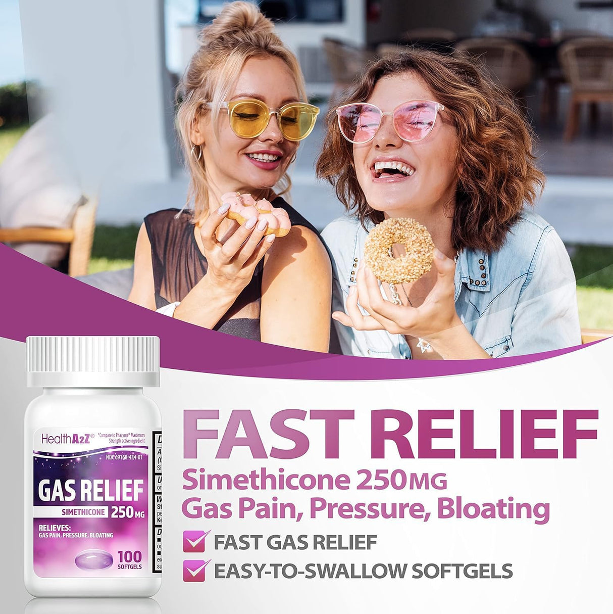 HealthA2Z® Gas Relief Simethicone 250mg | Alivio Rápido de Gases | 100 Cápsulas