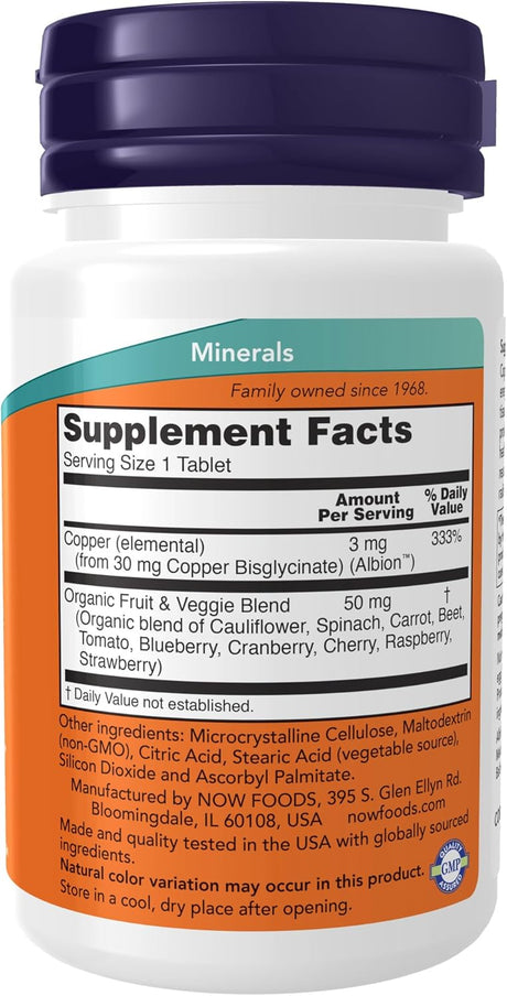 Suplementos de Cobre Glycinate NOW Foods, 120 Tabletas, 3mg