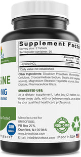 Suplemento Brieofood L-Lisina 2000 mg por porción 180 tab