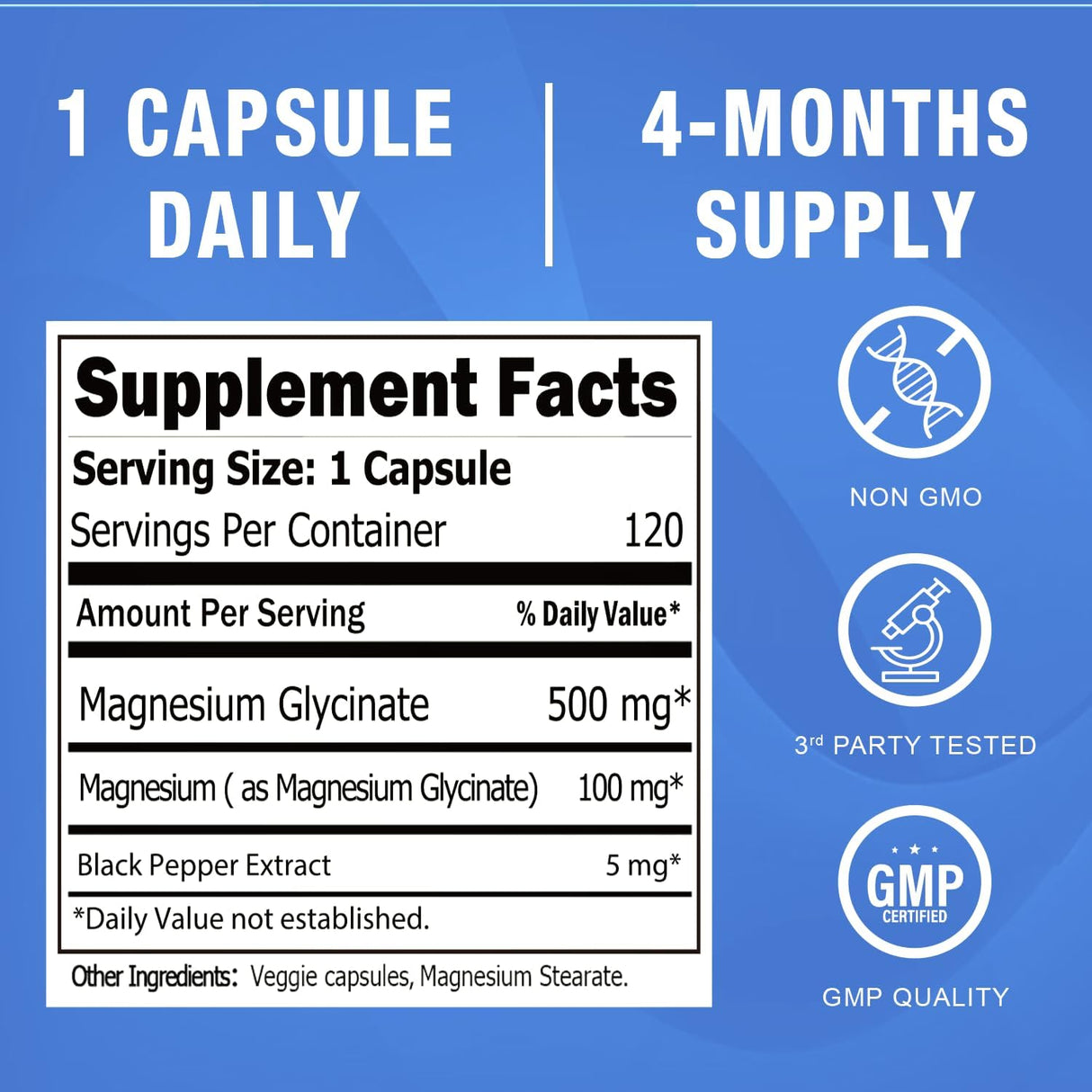 Magnesio Glycinato 500mg Cápsulas - Alta Absorción 120ct