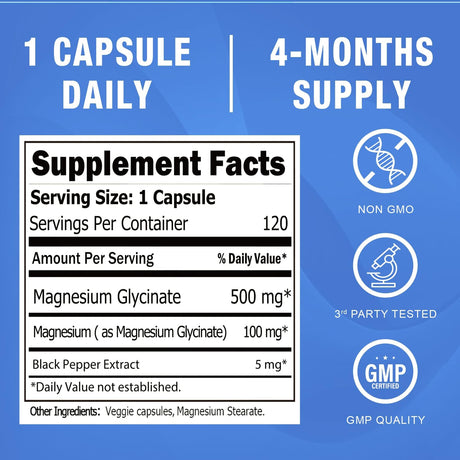 Magnesio Glycinato 500mg Cápsulas - Alta Absorción 120ct