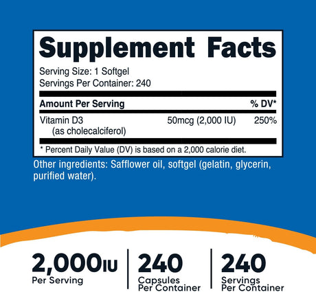 Vitamin D3 Nutricost 2000 IU, 240 Softgels, Sin Gluten