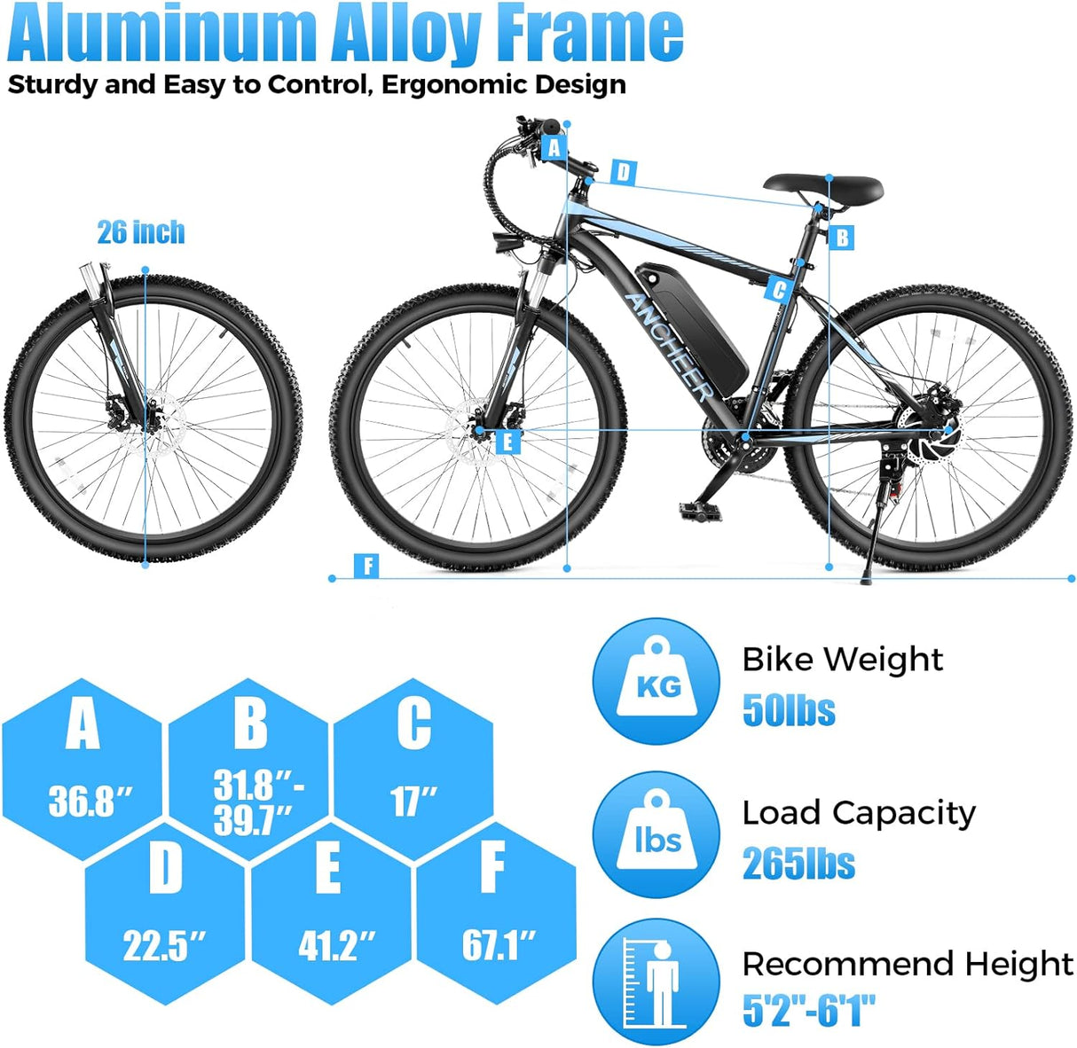 Bicicleta Eléctrica ANCHEER 750W, 55 millas, 21 Velocidades