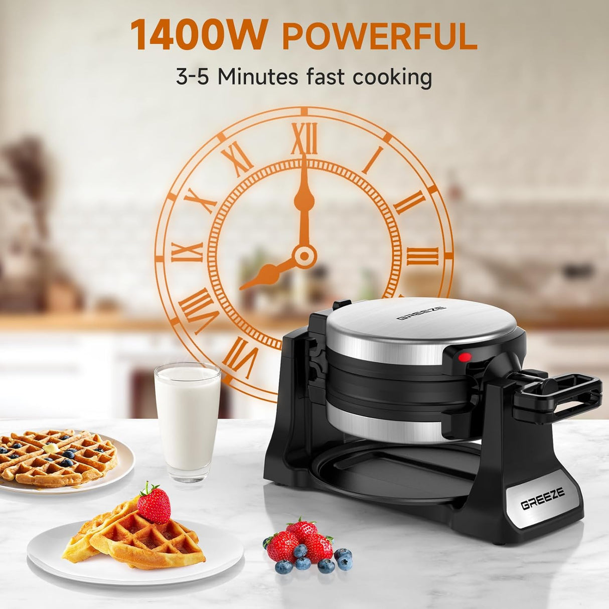 Máquina de Waffles Doble, 180° Rotativa, Placas Antiadherentes