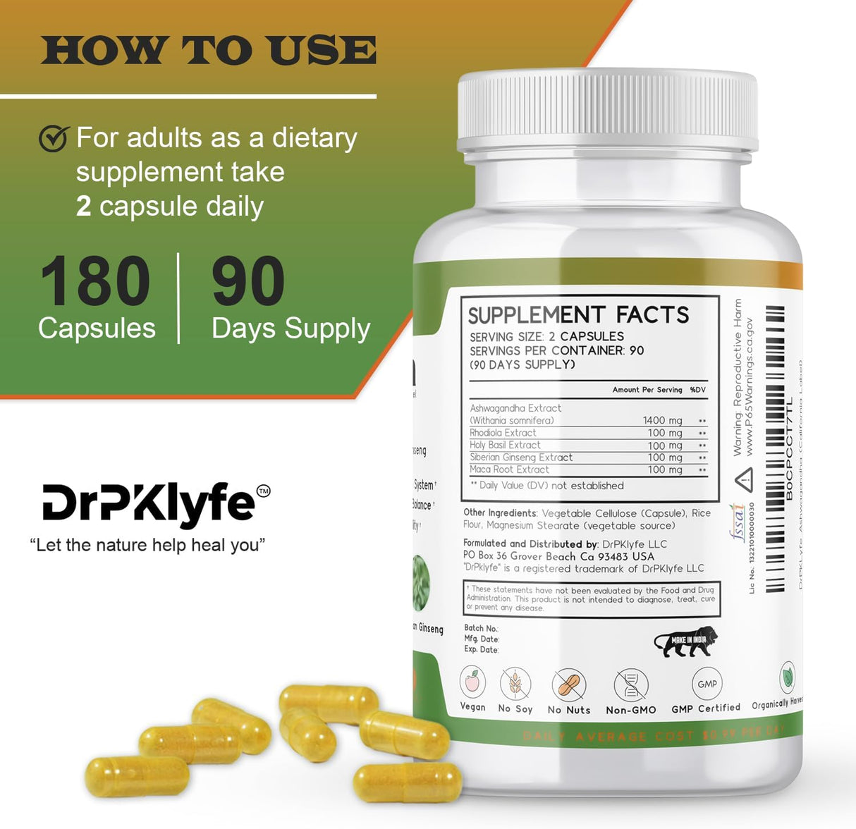 Complejo Ashwagandha 5-1 con Rhodiola, Maca, Ginseng - 180 Cápsulas