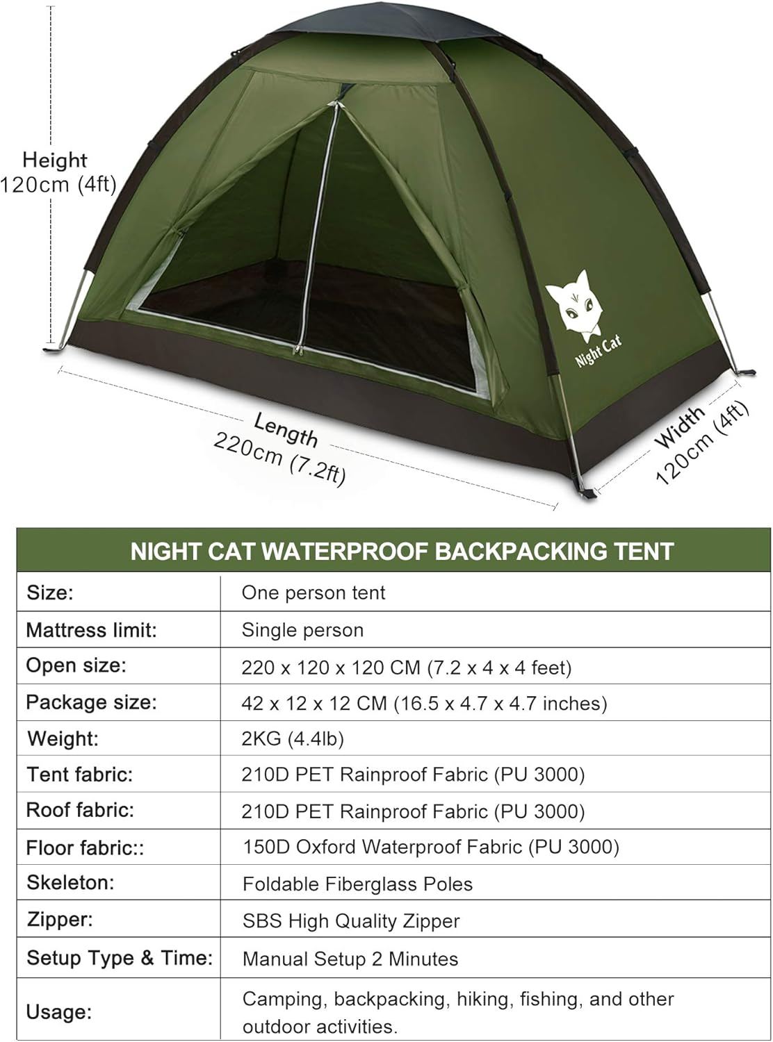 Tienda Nocturna Carpa Ligera Impermeable 1-2 Personas 2.2x1.2m