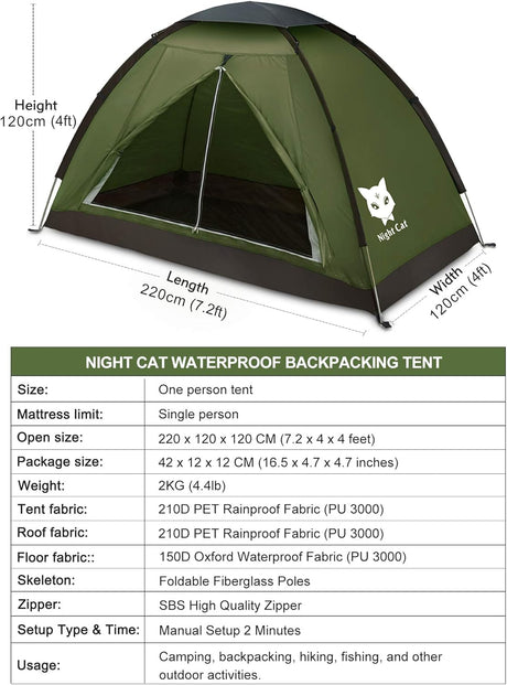 Tienda Nocturna Carpa Ligera Impermeable 1-2 Personas 2.2x1.2m