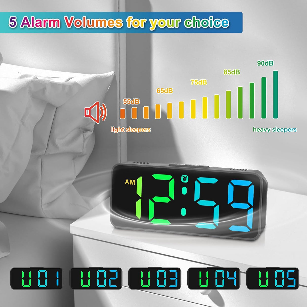 Reloj despertador digital pequeño, pantalla RGB, modelo plug-in