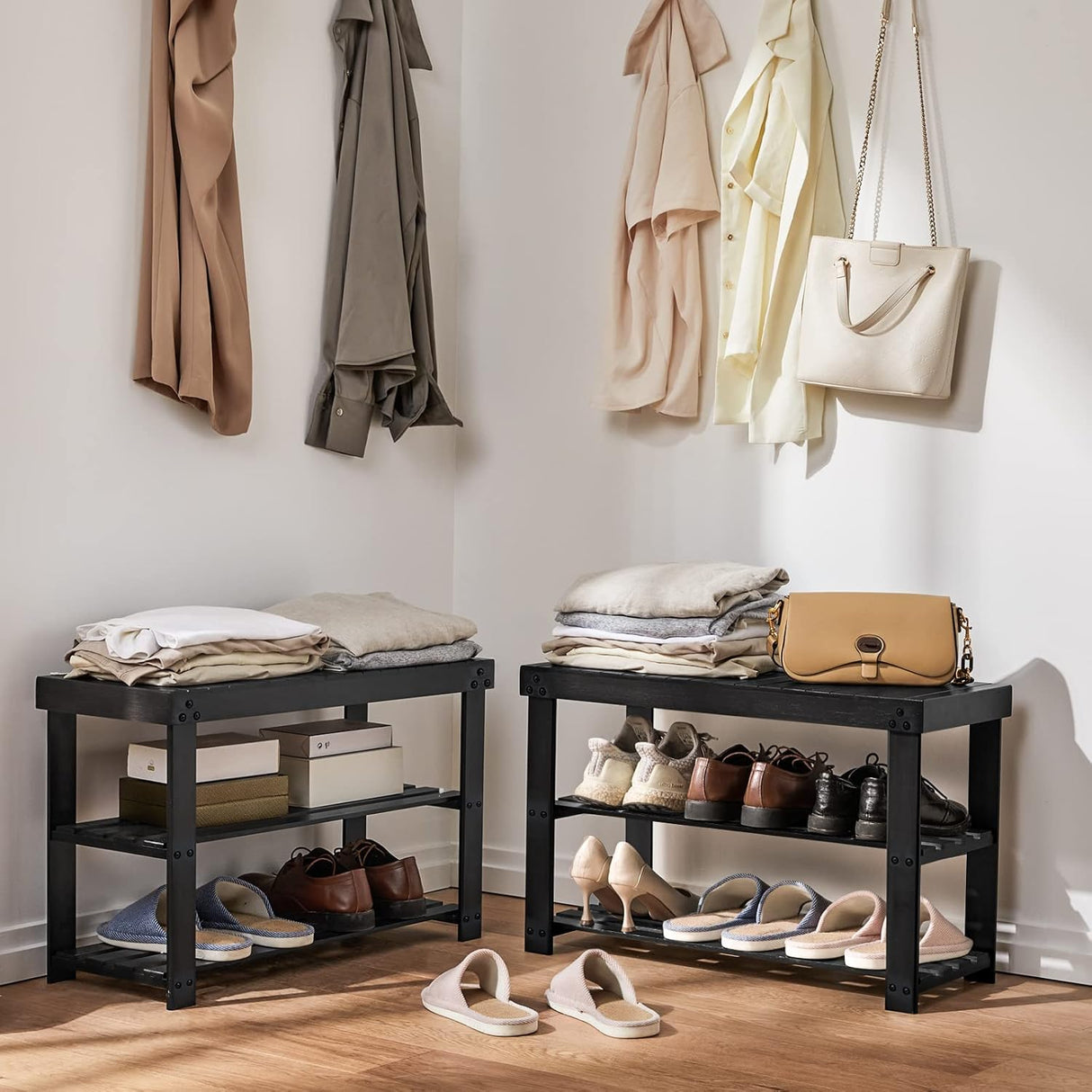 Banco organizador de zapatos de bambú, 3 niveles resistente