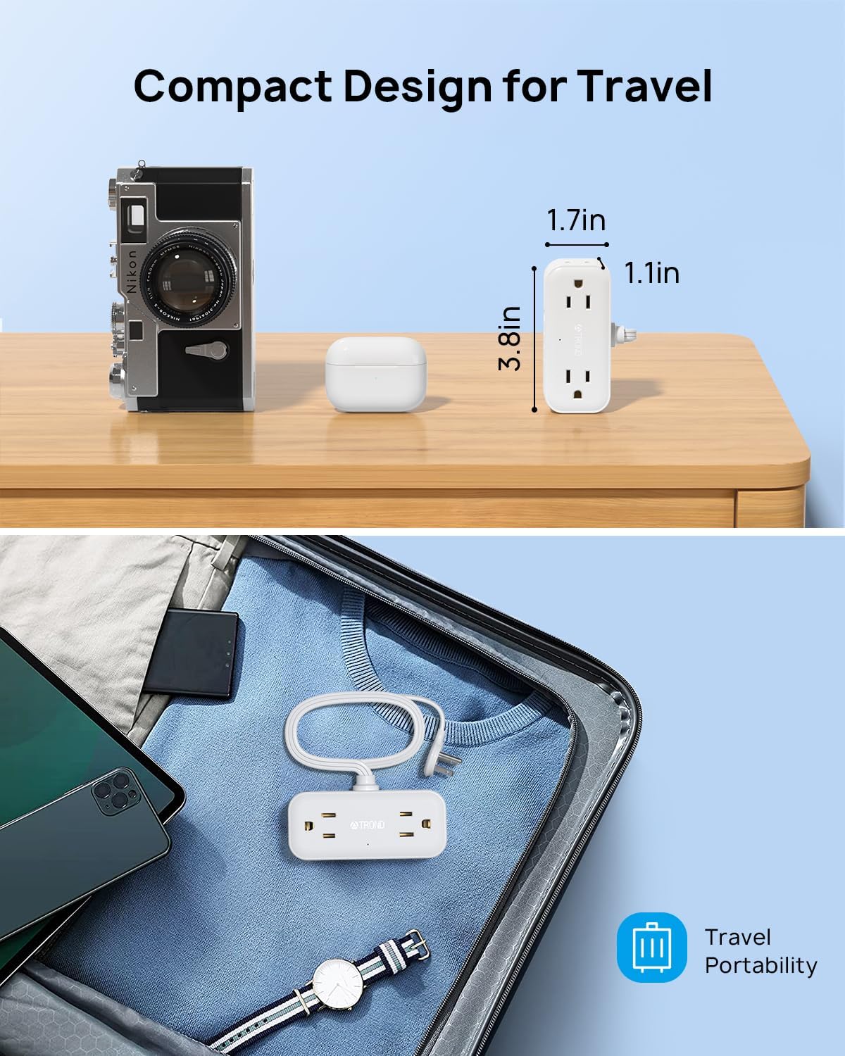 Regleta de alimentación de enchufe plano, cable ultrafino
