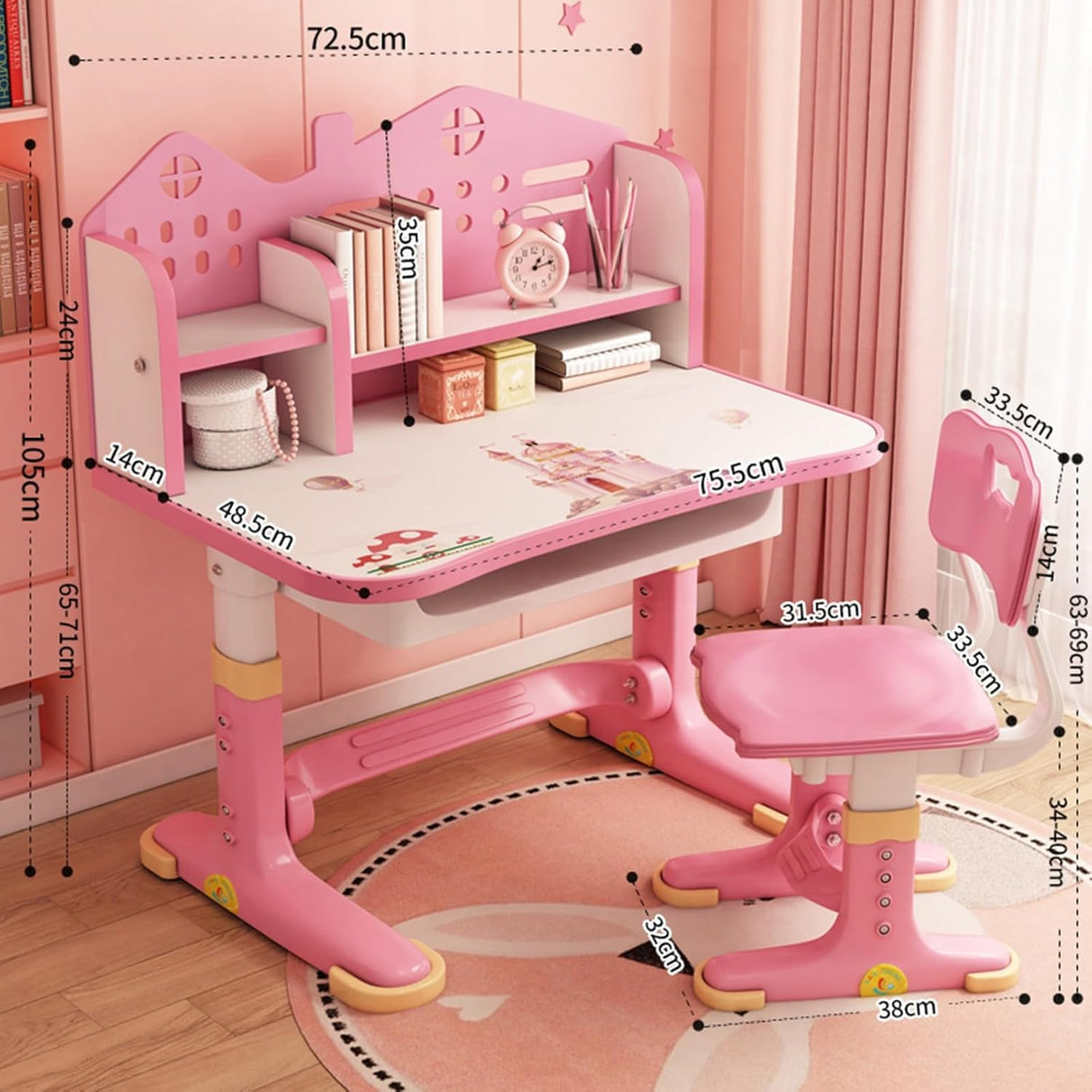 Escritorio y Silla Ajustables para Niños con Estante y Cajón