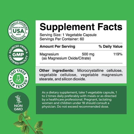 Suplemento complejo de magnesio de alta absorción 500 mg