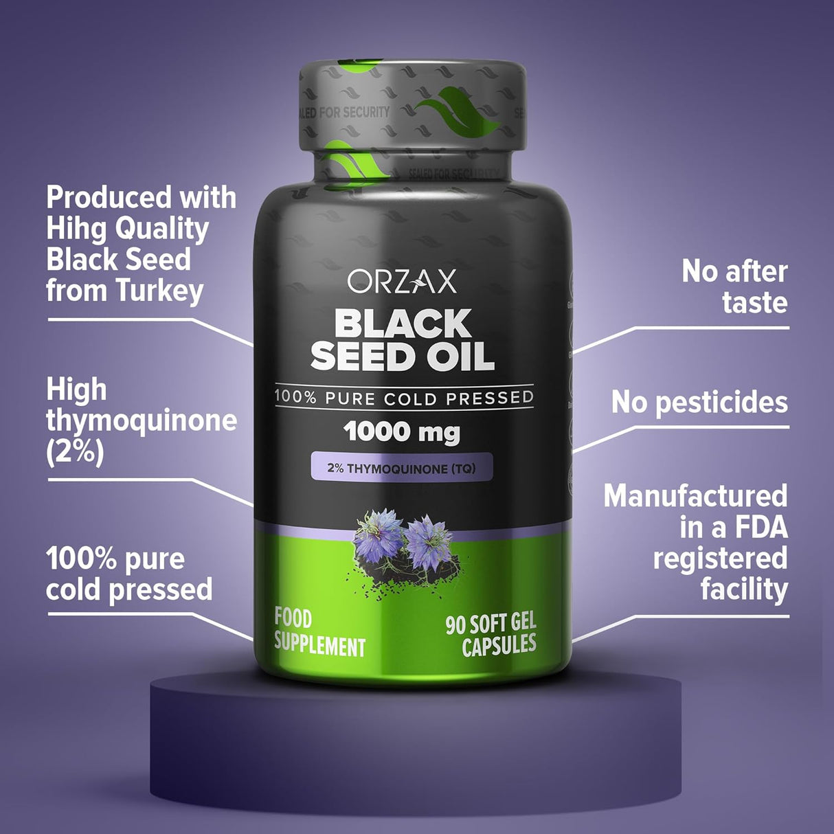 Aceite de Semilla Negra 100% Puro ORZAX, Omega 3 6 9, 90 Cápsulas