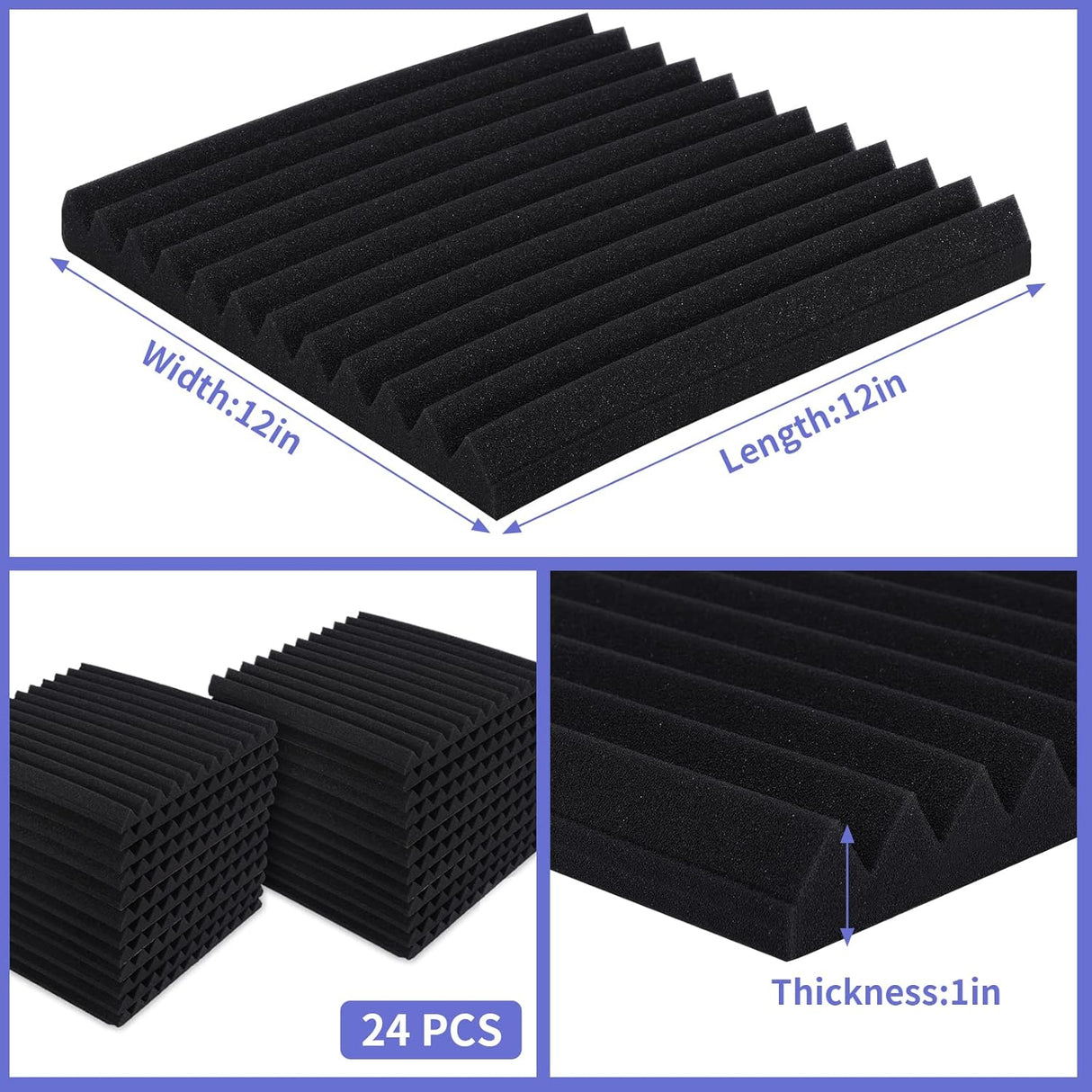 Paneles Acústicos 24 Pack, Espuma Aislante, 1 x 12x 12