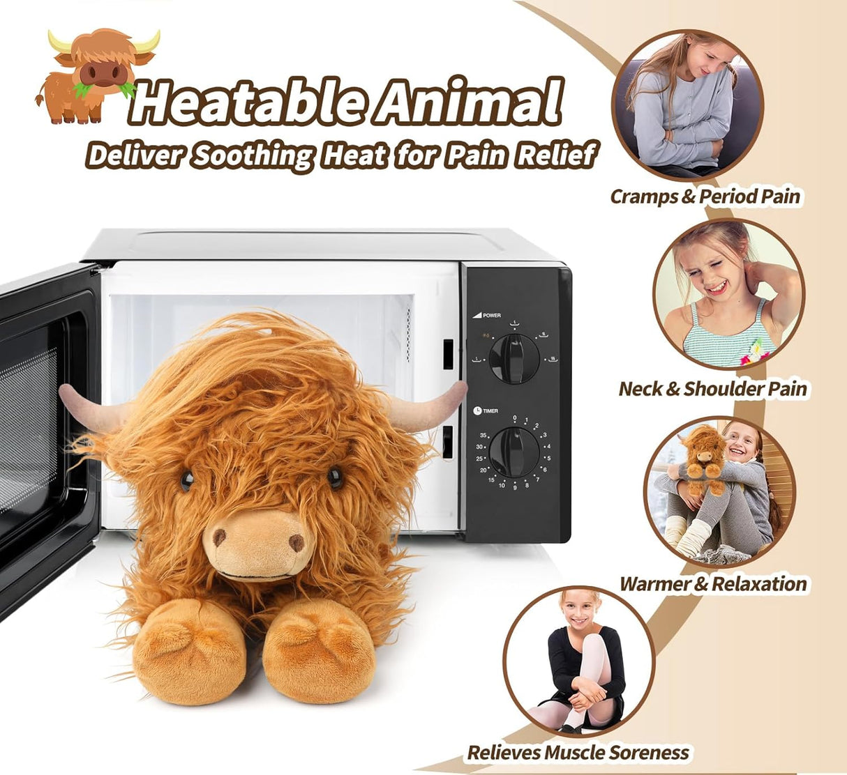 Animal de Peluche Highland Cow, Calentable y Aromatizado