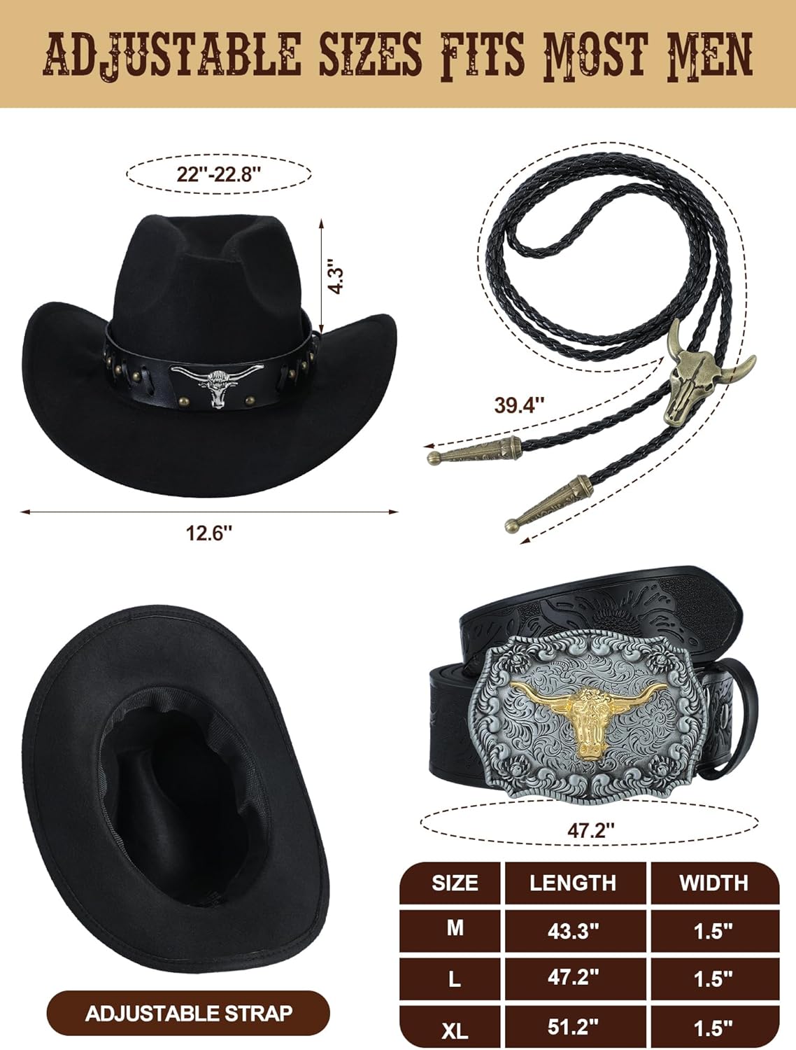 Conjunto Vaquero Hombre Suede Leather: Chaleco, Sombrero, Corbata