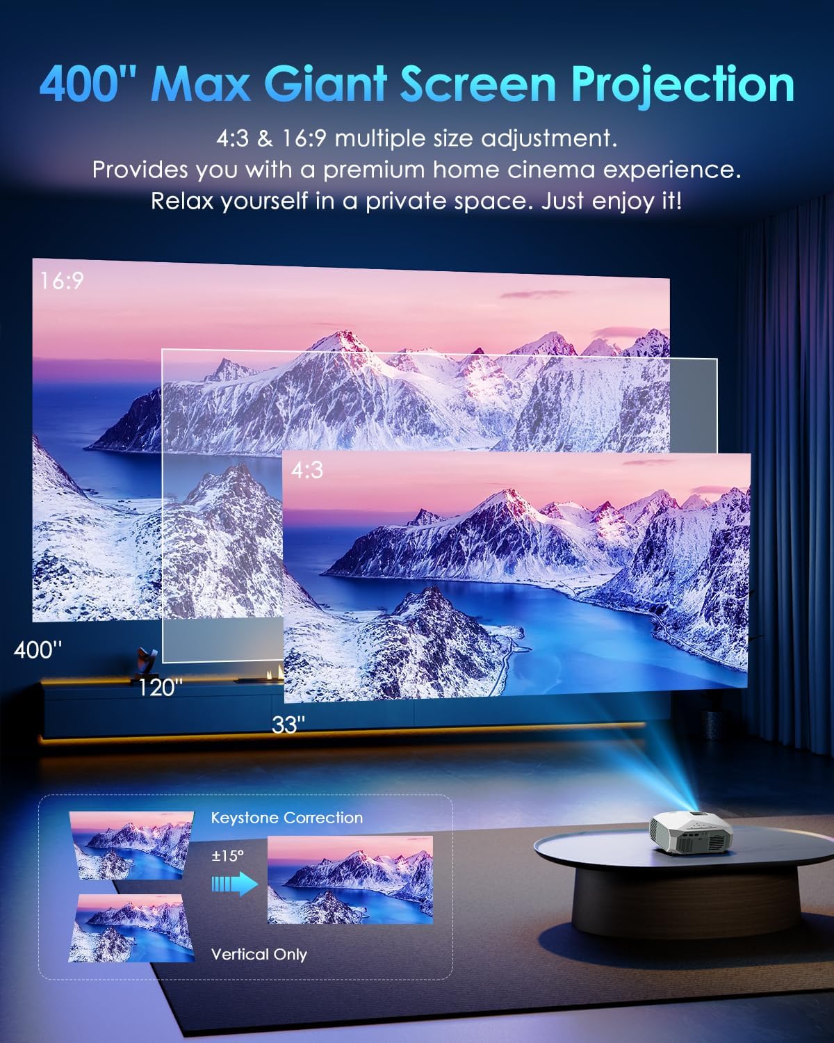Proyector YOWHICK 4K, 1080P, WiFi, Bluetooth, Zoom 50%