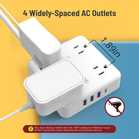 TROND Regleta protectora contra sobretensiones – Cable de extensión de enchufe plano ultrafino de 5 pies con 4 puertos USB (1 cargador USB C), 4 tomas de corriente ampliamente espaciadas, compacto y