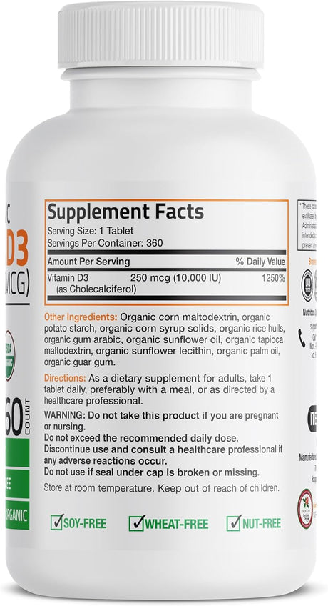 Bronson Vitamina D3 10,000 IU Orgánico 360 Comprimidos