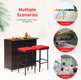 FDW Juego de muebles de mimbre para exteriores, juego de 3 piezas de bar para patio con dos taburetes para patio, balcón, cojín rojo