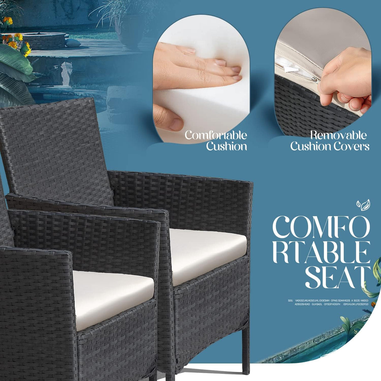 Greesum Muebles de patio de 4 piezas para conversación al aire libre, sillas de mimbre para jardín, balcón, porche, sofá biplaza junto a la piscina con cojín y mesa de cristal, negro y beige